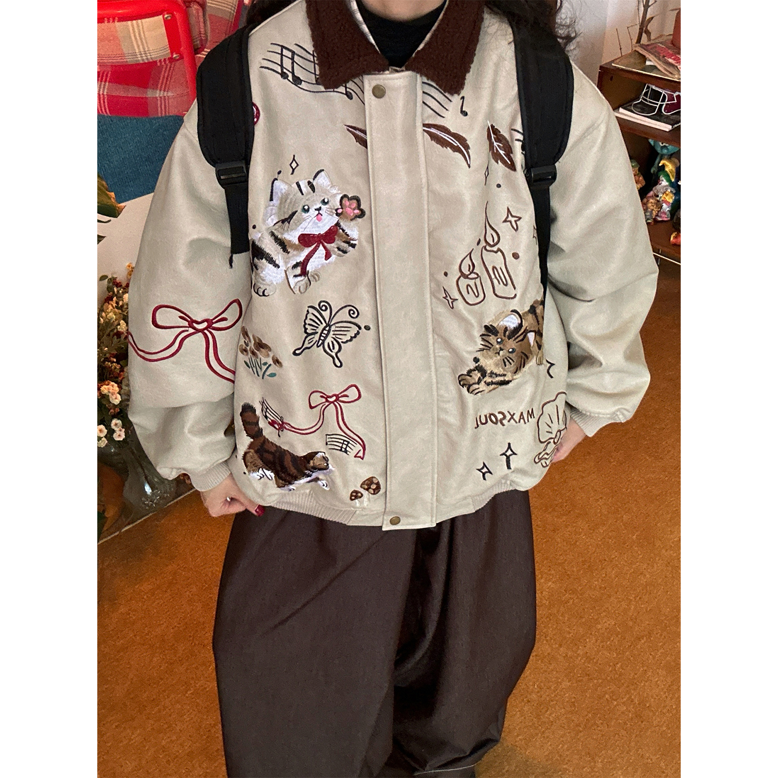 C2自制/趣味猫咪刺绣皮衣夹克男女冬季新款宽松加绒百搭保暖外套