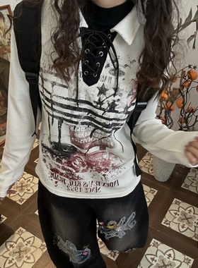 C2自制/美式做旧复古印花长袖T恤秋季华夫格系绳正肩辣妹上衣潮牌