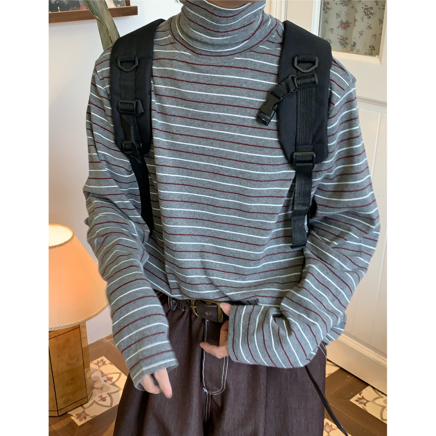 C2自制/美式复古撞色条纹长袖T恤秋季新款男女同款打底高领上衣潮