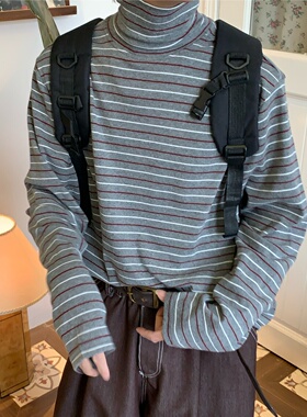 C2自制/美式复古撞色条纹长袖T恤秋季新款男女同款打底高领上衣潮