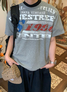 C2自制/美式复古字母印花短袖T恤男女宽松圆领街头上衣潮