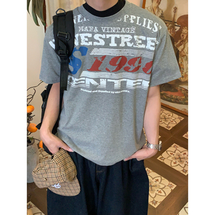 T恤男女宽松圆领街头上衣潮 复古字母印花短袖 C2自制 美式
