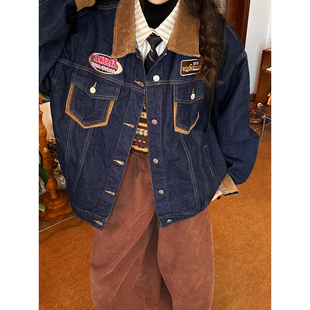 C2自制/美式复古撞色翻领牛仔外套男女机车夹克上衣2026春季新款