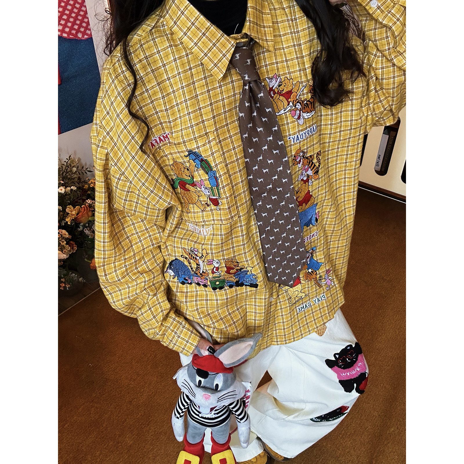 C2自制/秋季新款维尼熊刺绣长袖衬衫卡通甜酷男女同款上衣学院风