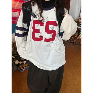 新款 C2自制 T恤女宽松球衣百搭上衣春季 嘻哈风撞色条纹长袖 潮 美式
