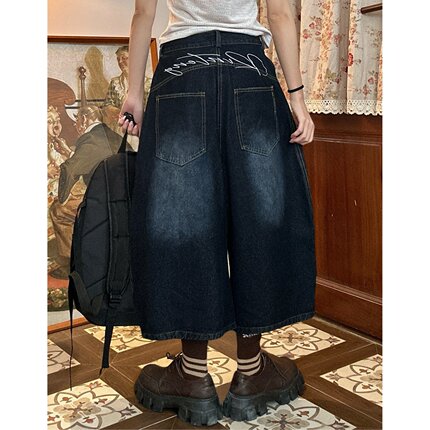 C2自制/美式复古字母刺绣弯刀牛仔七分裤夏季休闲阔腿直筒短裤潮