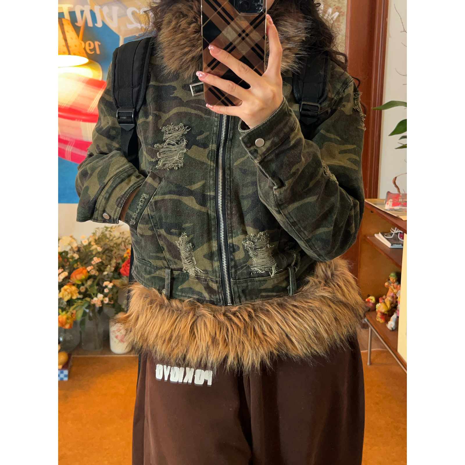 【新品买二送一】美式复古迷彩毛领飞行员棉服外套男女秋冬棉衣潮