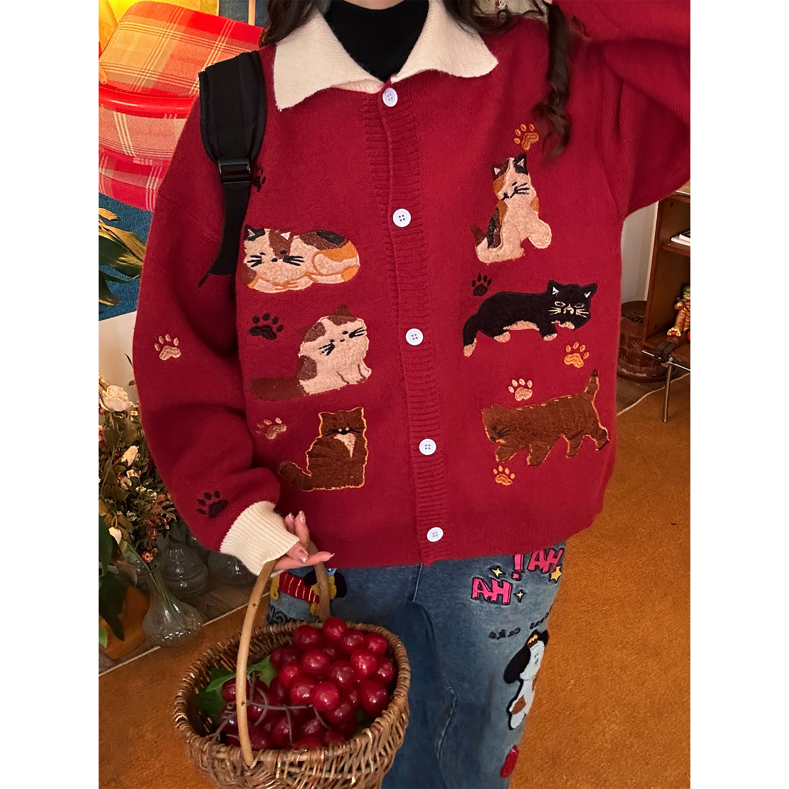 C2自制/秋冬新款卡通猫咪刺绣翻领针织开衫毛衣男女同款宽松上衣