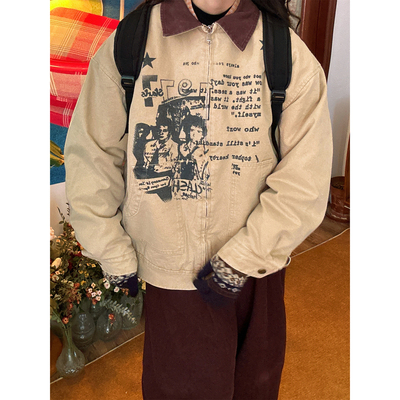 C2自制/美式复古做旧印花夹棉棒球服棉服外套男女同款加厚上衣潮