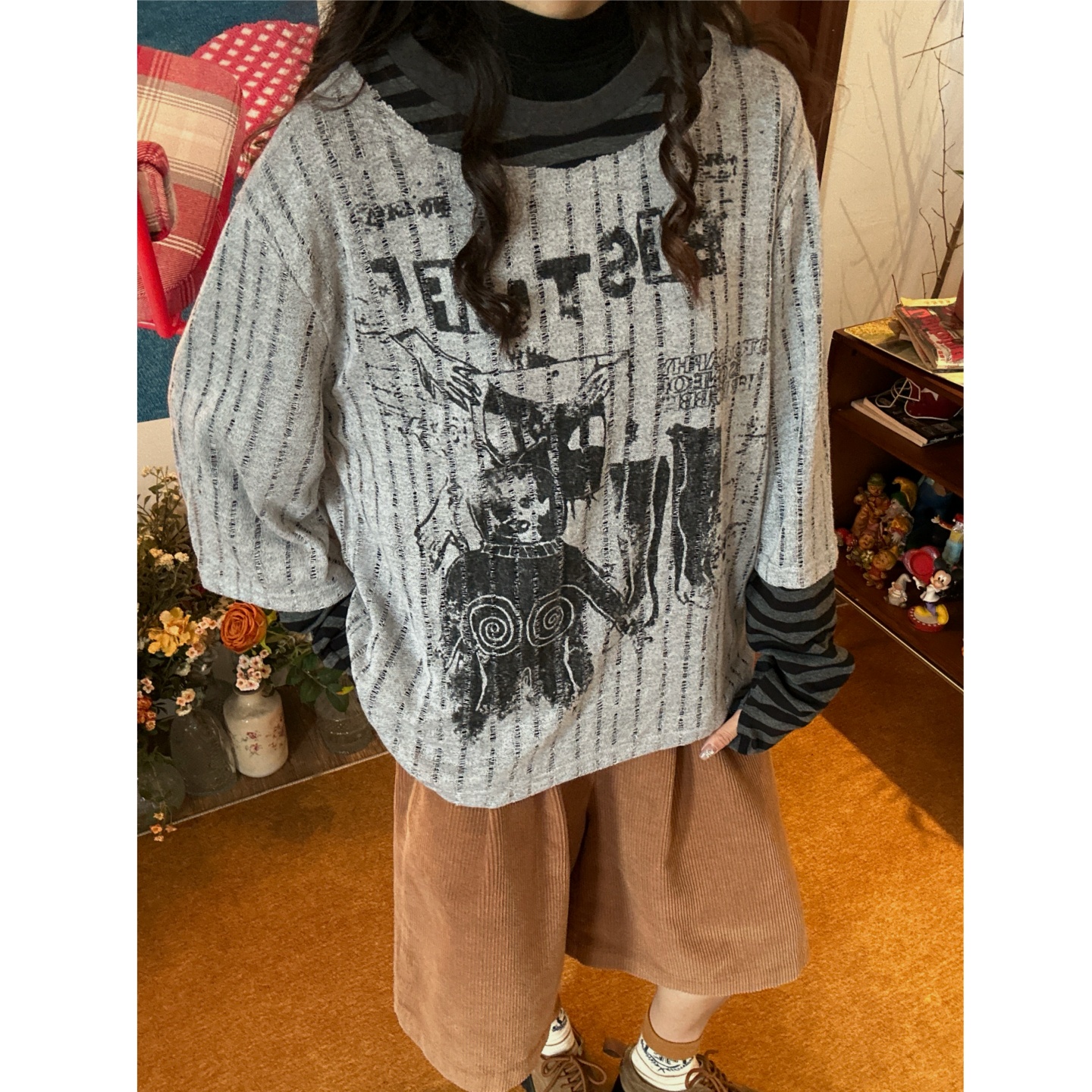 C2自制/美式做旧印花假两件oversize上衣透气百搭网纱条纹T恤衫潮