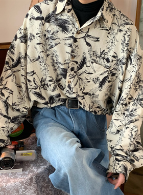 C2自制/水墨复古满印花长袖衬衫秋装港味宽松百搭高级感碎花衬衣