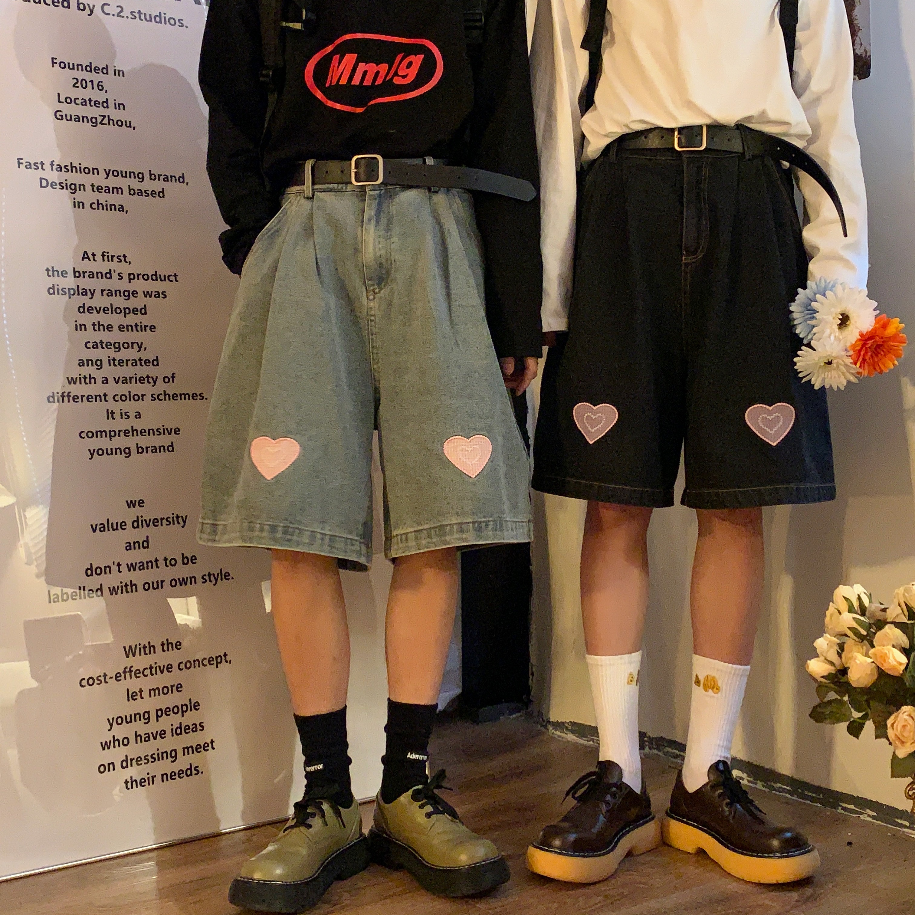 爱心牛仔五分裤水洗复古短裤