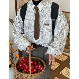 宽松长袖 C2自制 衬衫 港味复古花卉印花长袖 领带上衣潮 秋冬新款