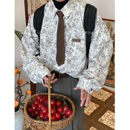 C2自制/秋冬新款港味复古花卉印花长袖衬衫宽松长袖领带上衣潮