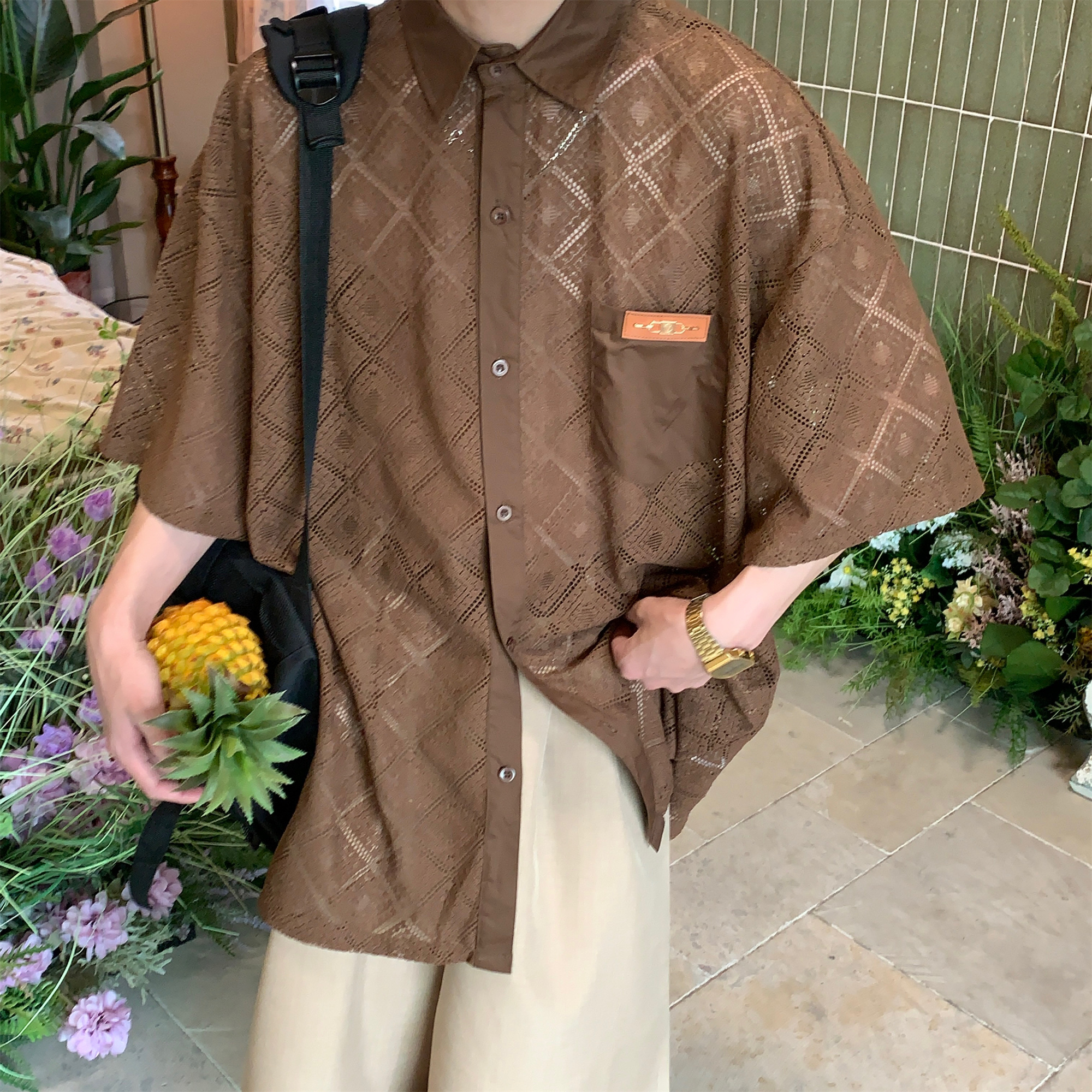 C2自制宽松法式复古纽扣短袖