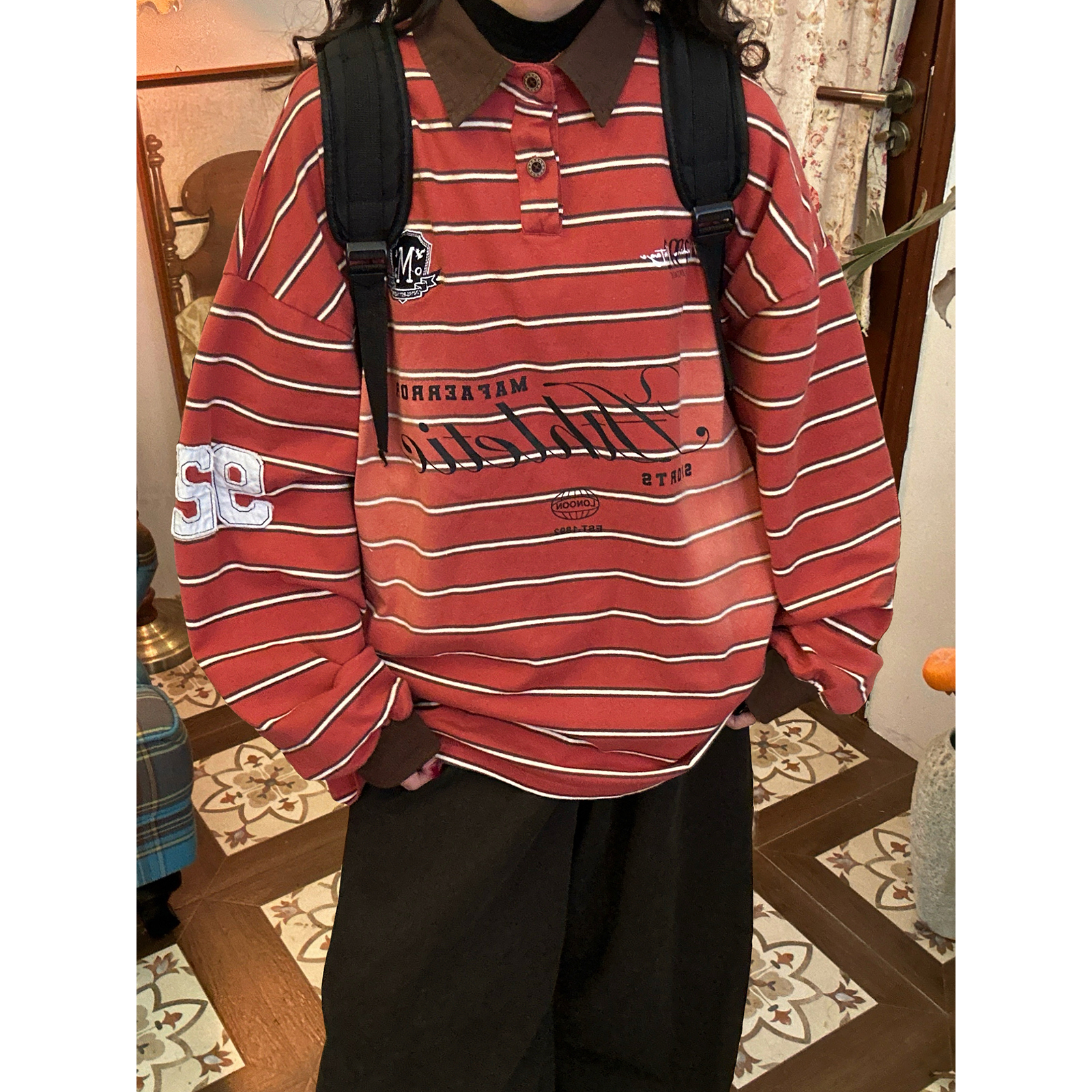 C2自制/美式复古条纹polo领长袖T恤男女情侣秋季新款宽松百搭上衣