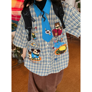 C2自制/美式卡通小狗刺绣格子2026新款短袖衬衫女宽松学院风上衣