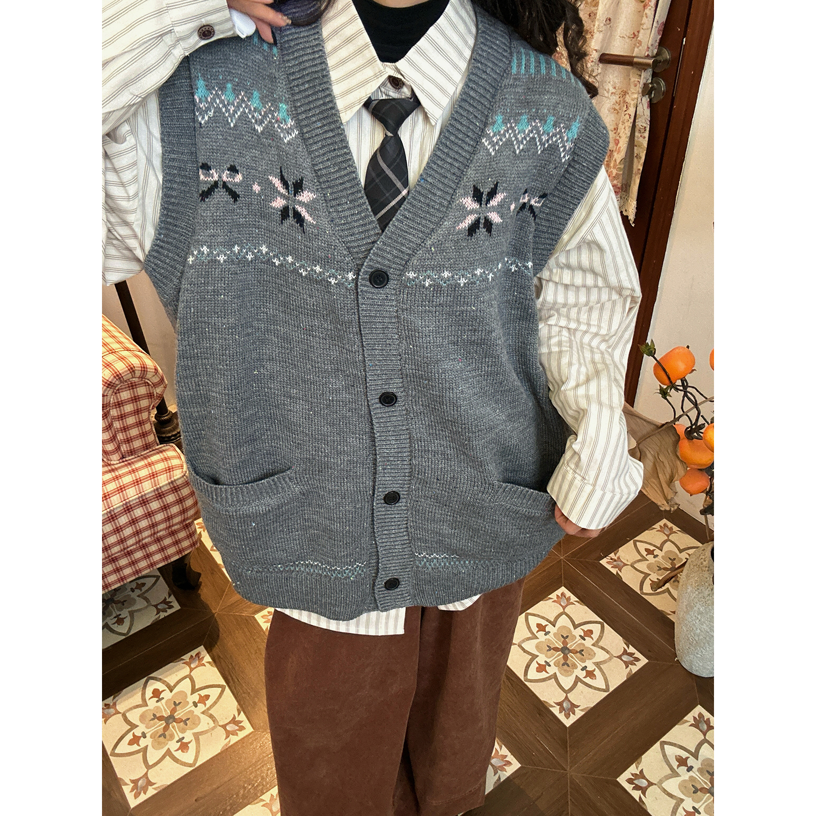 C2自制/英伦复古费尔岛花纹针织马甲背心男女同款秋冬款开衫上衣