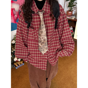 C2自制/美式复古红格纹衬衫女春款新款宽松bf风百搭休闲长袖上衣