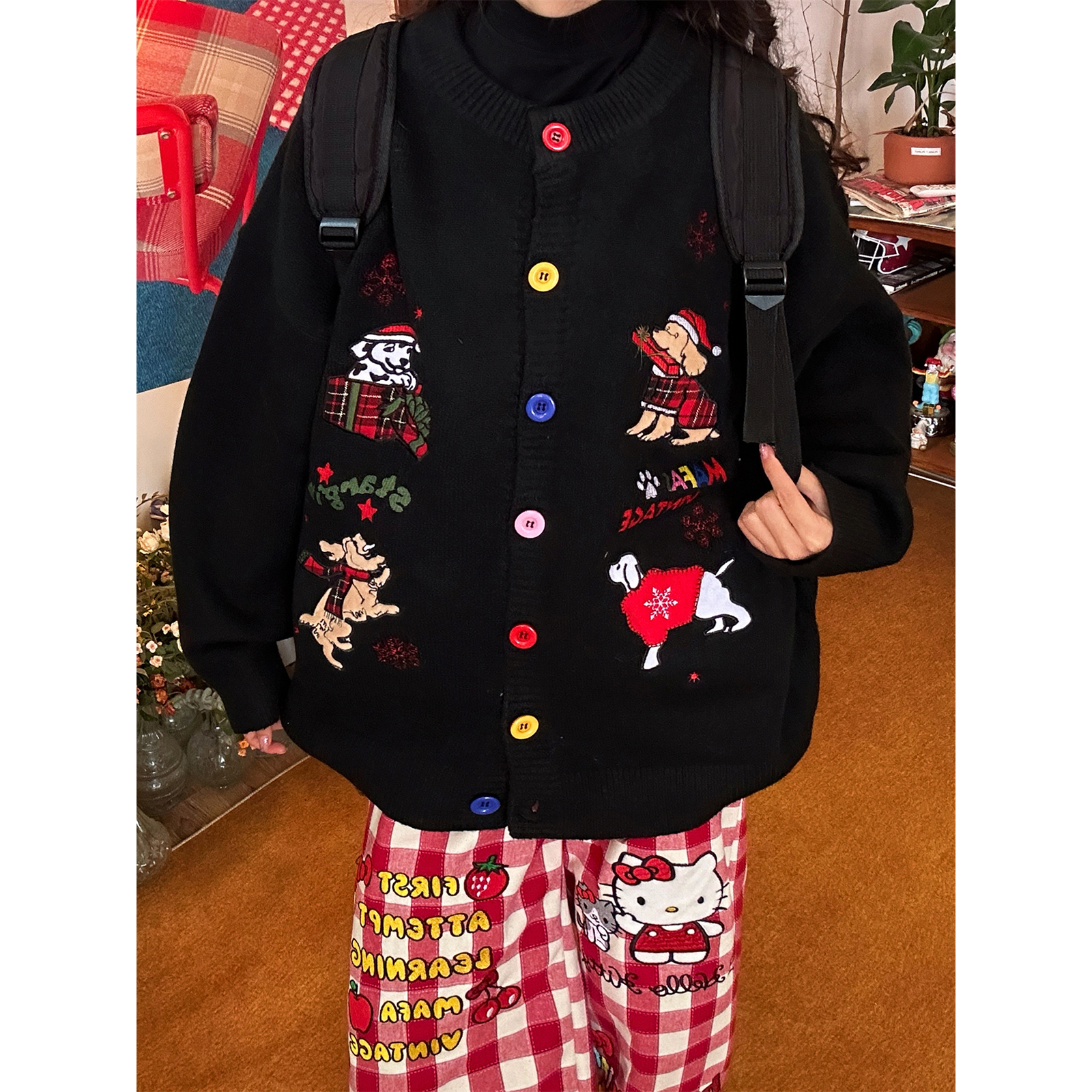 C2自制/圣诞氛围感小狗刺绣针织开衫男女同款秋冬款宽松毛衣外套