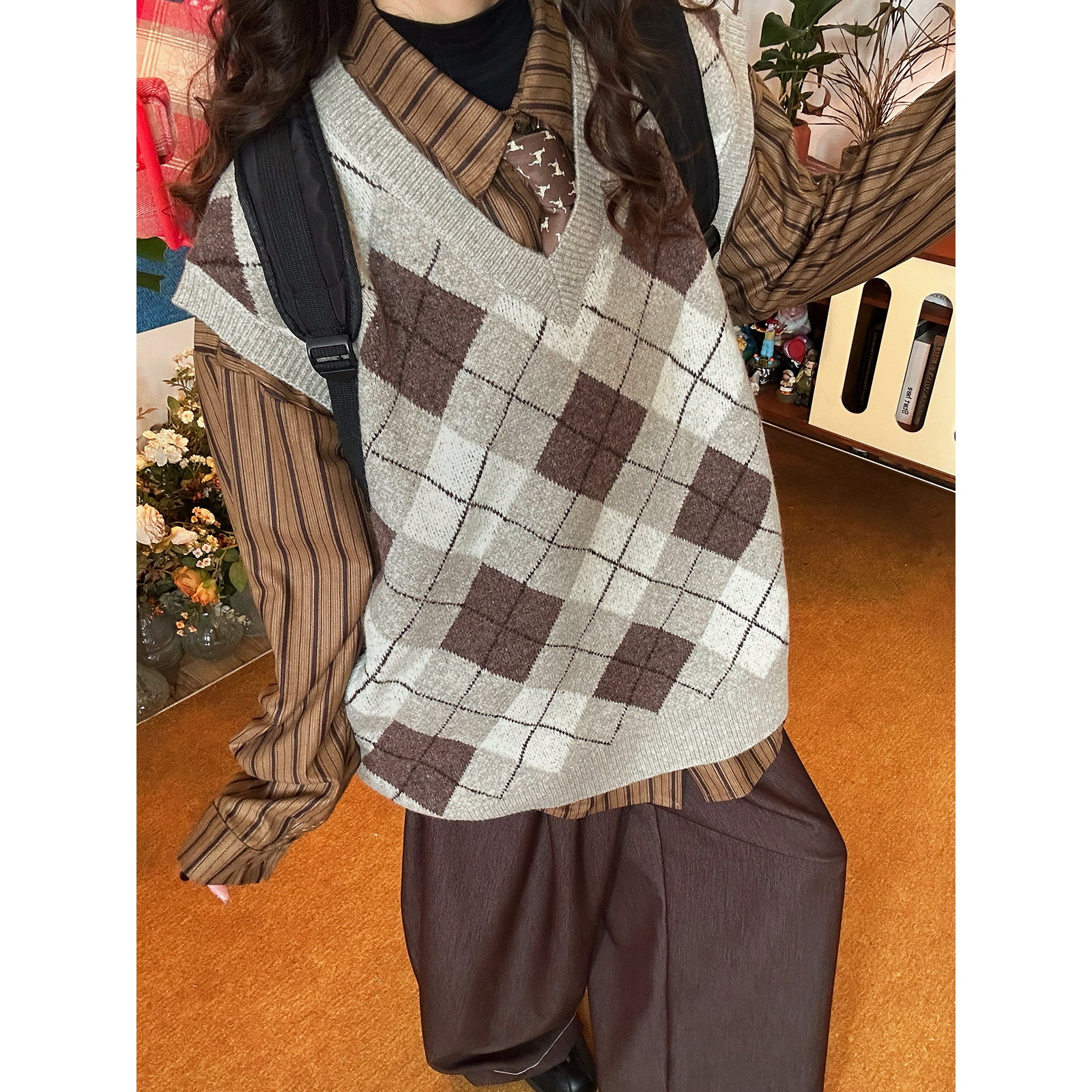 C2自制/美式复古撞色菱形格针织毛衣背心男女秋宽松百搭叠穿上衣