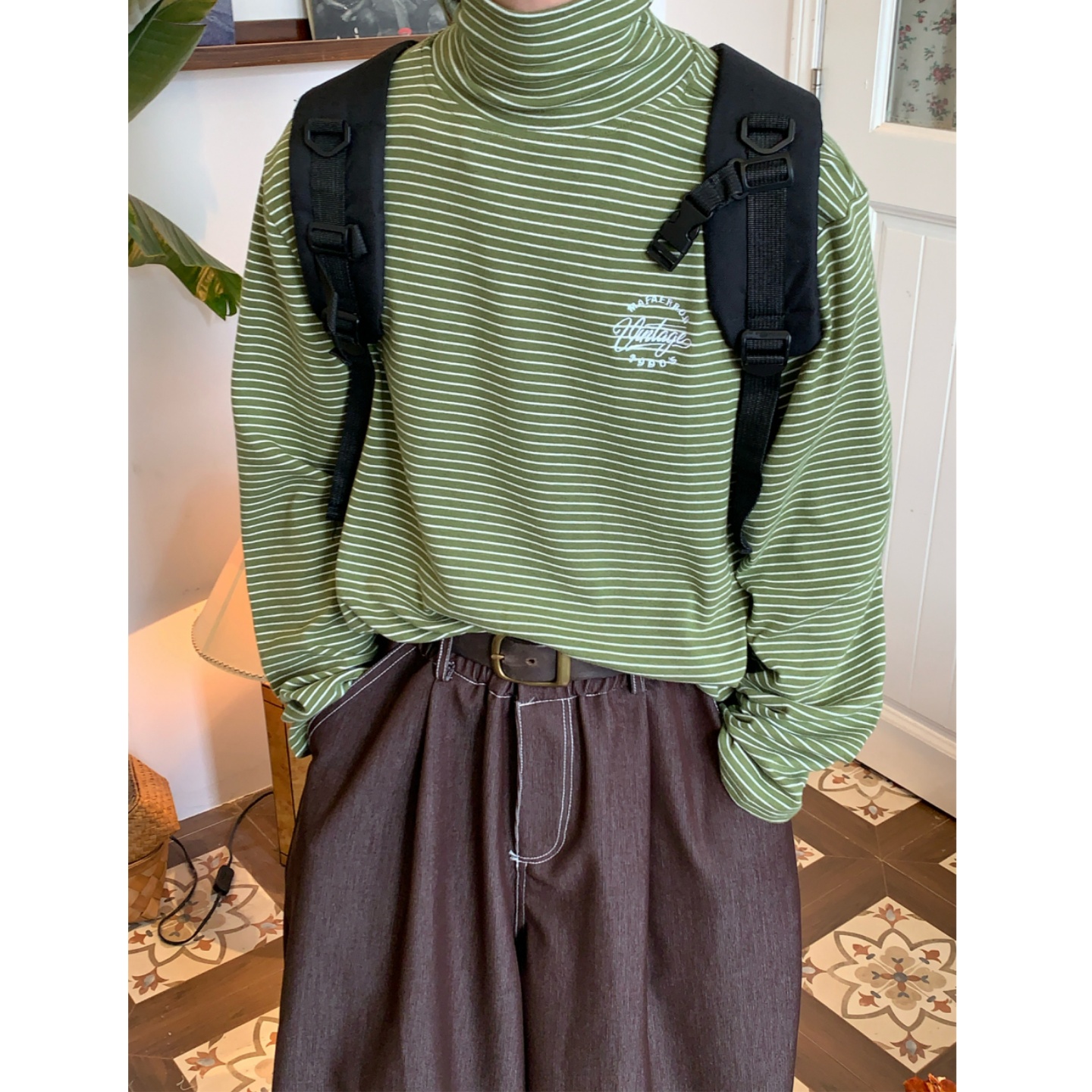 C2自制/秋季新款美式复古高领打底条纹情侣百搭针织修身上衣潮