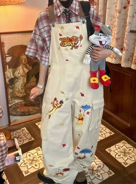 C2原创同款美式复古卡通小熊刺绣休闲背带裤女夏季宽松显瘦阔腿裤