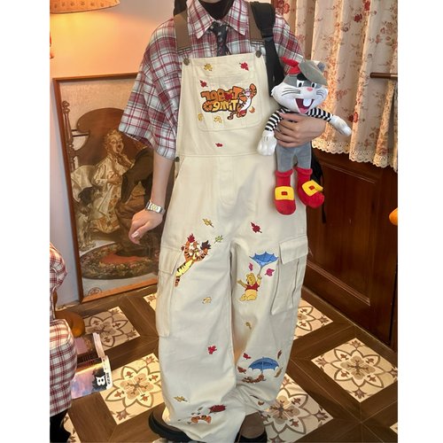 C2原创同款美式复古卡通小熊刺绣休闲背带裤女夏季宽松显瘦阔腿裤