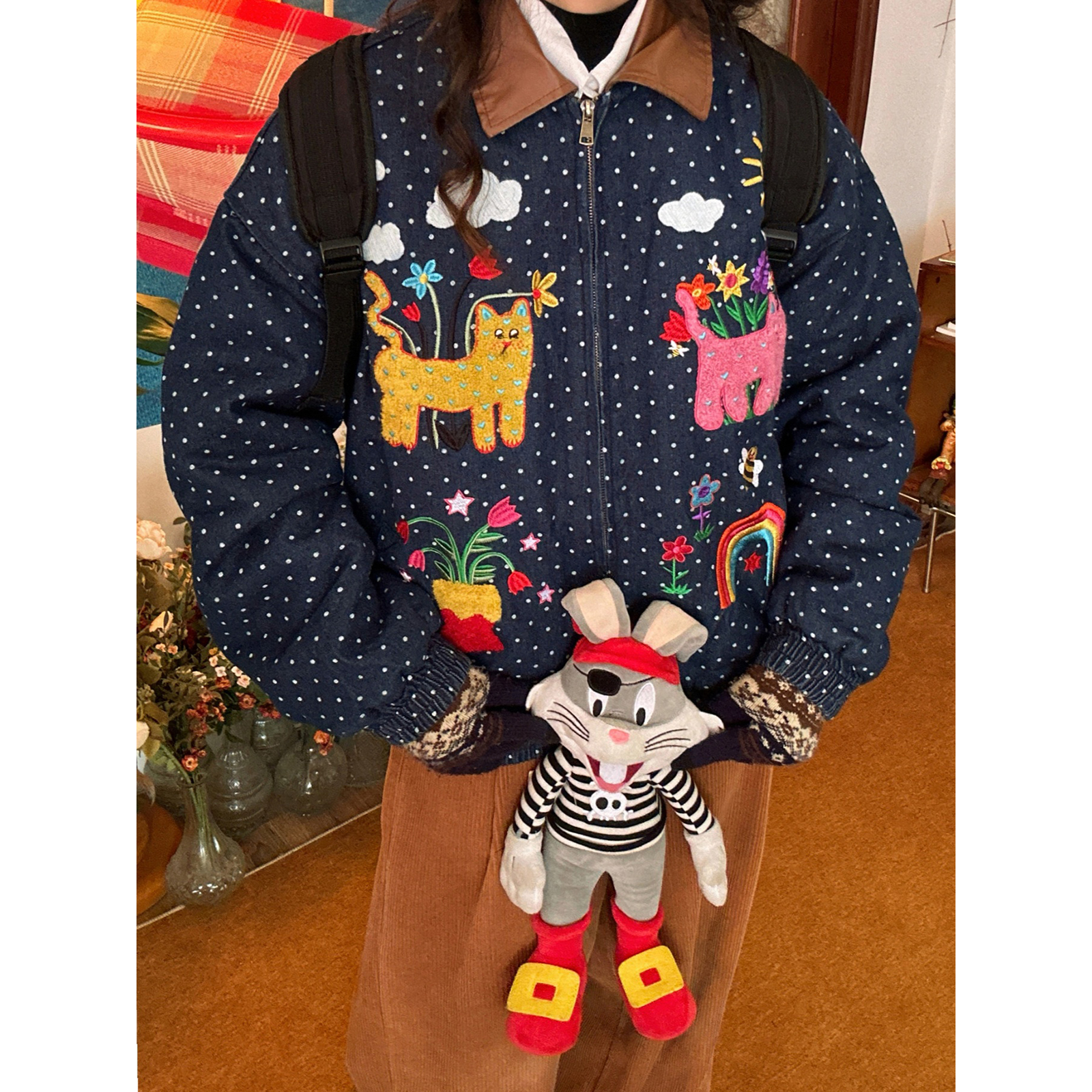 C2自制/美式复古趣味卡通刺绣彩色波点翻领棉服男女同款秋冬上衣