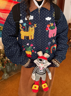 C2自制/美式复古趣味卡通刺绣彩色波点翻领棉服男女同款秋冬上衣