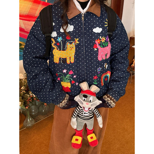 C2自制/美式复古趣味卡通刺绣彩色波点翻领棉服男女同款秋冬上衣