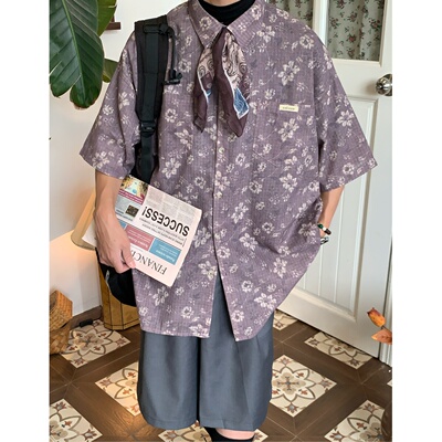 C2原创/港风复古碎花满印丝巾短袖衬衫女夏季雅痞高级感休闲衬衣