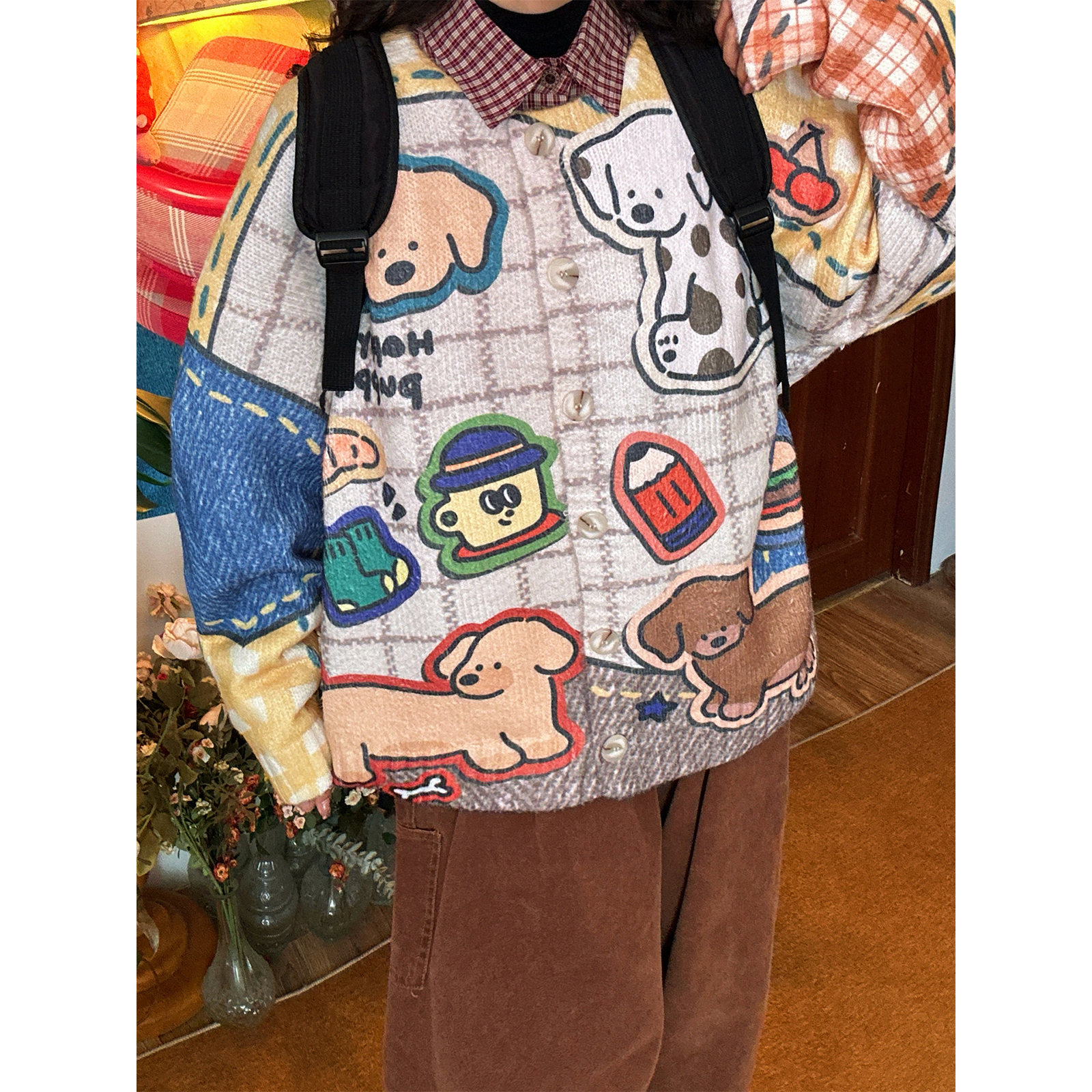 【新品买二送一】美式复古卡通刺绣圆领套头毛衣男女宽松针织衫潮