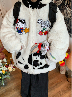 C2自制/2025秋冬双面穿奶牛连帽棉服女宽松bf加厚保暖棉衣外套