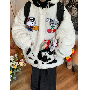C2自制/2025秋冬双面穿奶牛连帽棉服女宽松bf加厚保暖棉衣外套