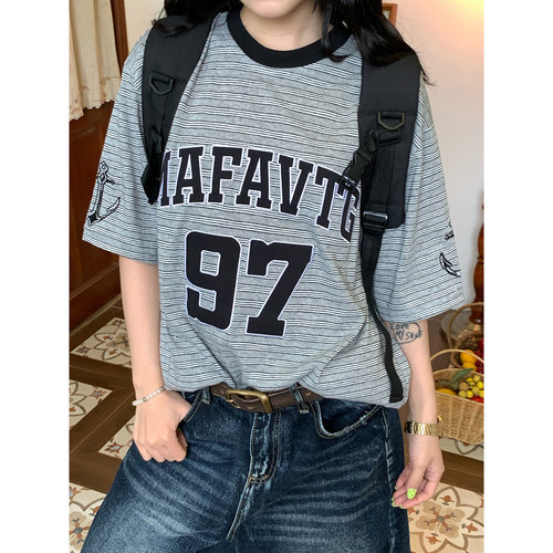 C2自制/美式字母印花短袖T恤男女同款落肩袖撞色条纹宽松上衣夏季