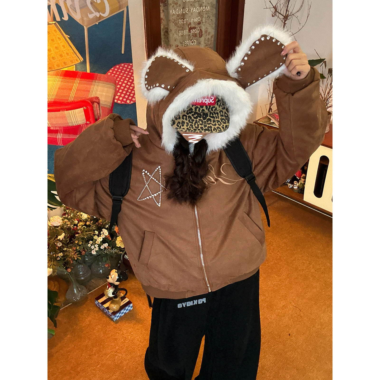 【新品买二送一】可爱兔耳朵连帽麂皮绒仿羊羔毛棉服男女冬款外套