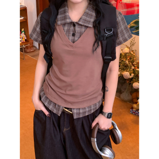 美式 买二送一 复古假两件格子拼接短袖 衬衫 辣妹衬衣 女修身 新品