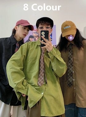 C2自制/春秋港风复古长袖衬衣情侣宽松oversize韩版内搭休闲衬衫