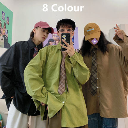 C2自制/春秋港风复古长袖衬衣情侣宽松oversize韩版内搭休闲衬衫