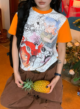 【新品买二送一】y2k动漫卡通印花撞色短袖T恤女修身显瘦辣妹上衣