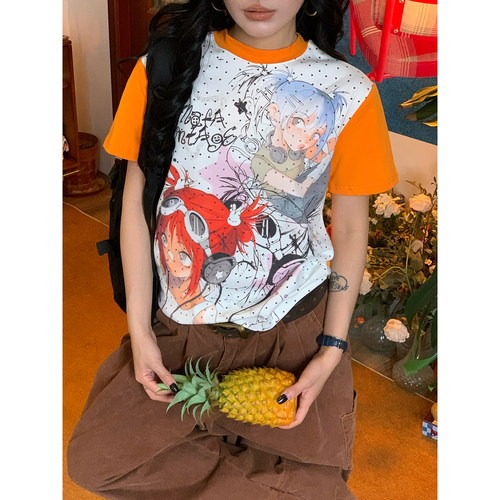 C2自制/y2k动漫卡通印花撞色短袖T恤女修身显瘦辣妹上衣夏季新款