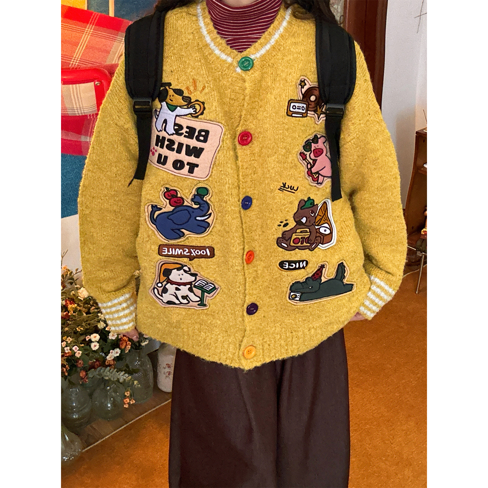 C2自制/卡通刺绣宽松显瘦圆领毛衣秋冬新款男女同款学院风外套潮