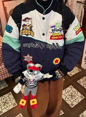 C2自制/秋冬款卡通贴布绣棉服男女同款宽松加厚保暖外套棒球服潮