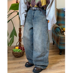 女阔腿直筒长裤 复古水洗做旧宽松高街百搭休闲牛仔裤 美式 C2自制