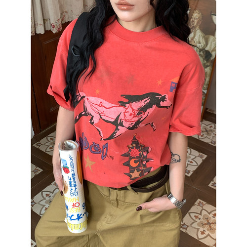 C2自制/美式复古做旧风短袖T恤男女印花圆领宽松百搭上衣夏季新款