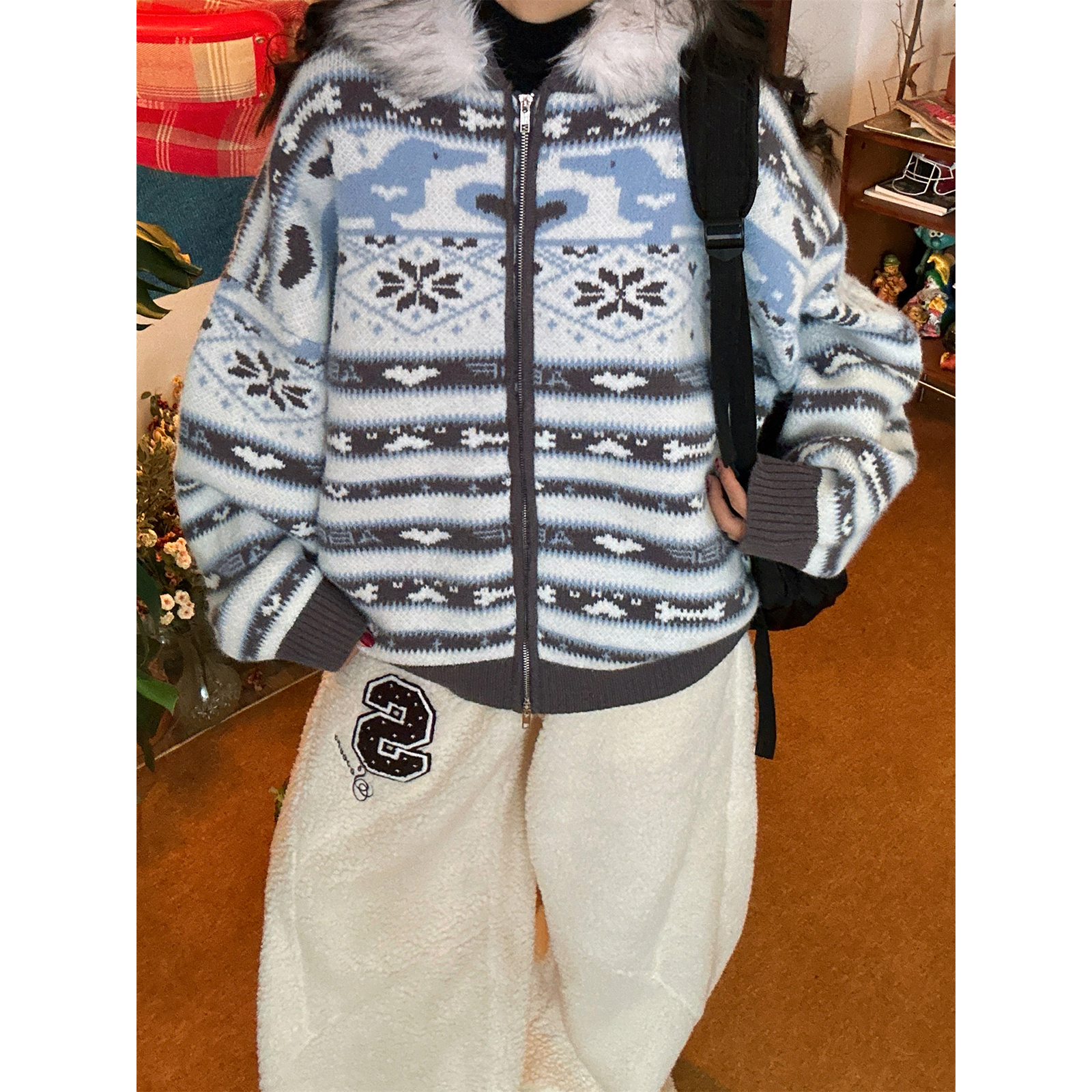 C2自制/费尔岛提花毛领连帽开衫毛衣女宽松软糯拉链针织外套冬款