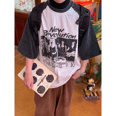 C2自制/美式复古插肩袖短袖T恤男女同款宽松摇滚乐队印花上衣夏款