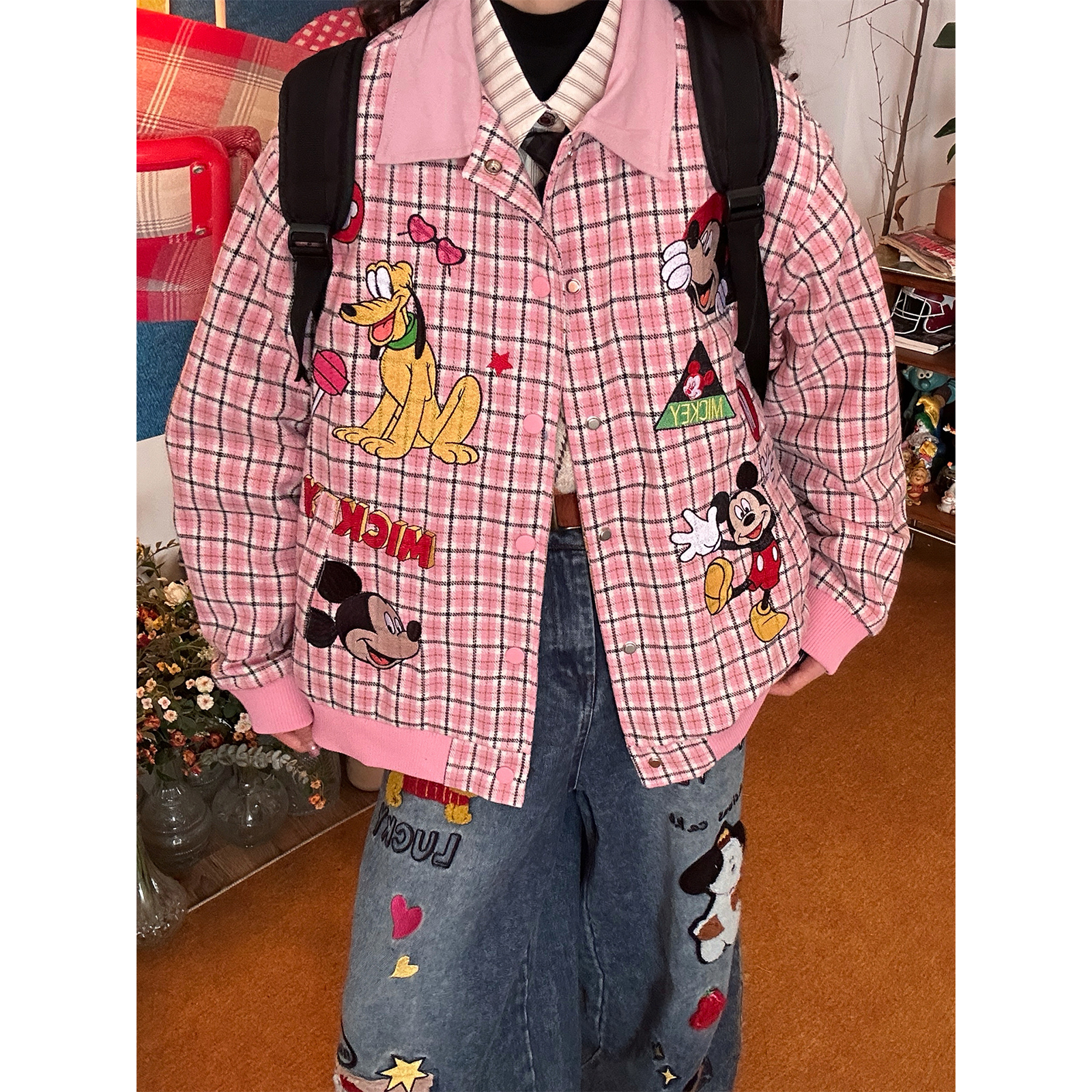 C2自制/美式复古米奇卡通刺绣格子夹克秋冬新款女宽松情侣外套潮