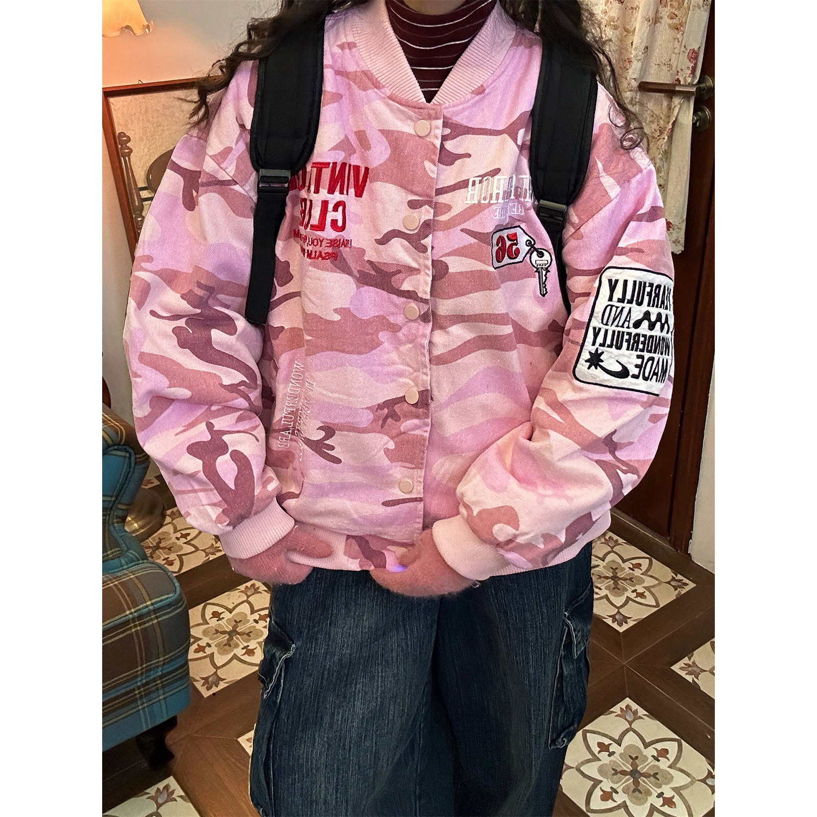 C2自制/美式复古迷彩棒球服外套男女同款秋冬新款宽松夹克棉服潮